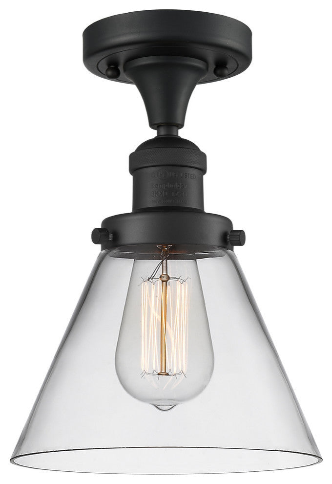 1-Light Large Cone 8" Semi-Flush Mount, Matte Black, Glass: Clear
