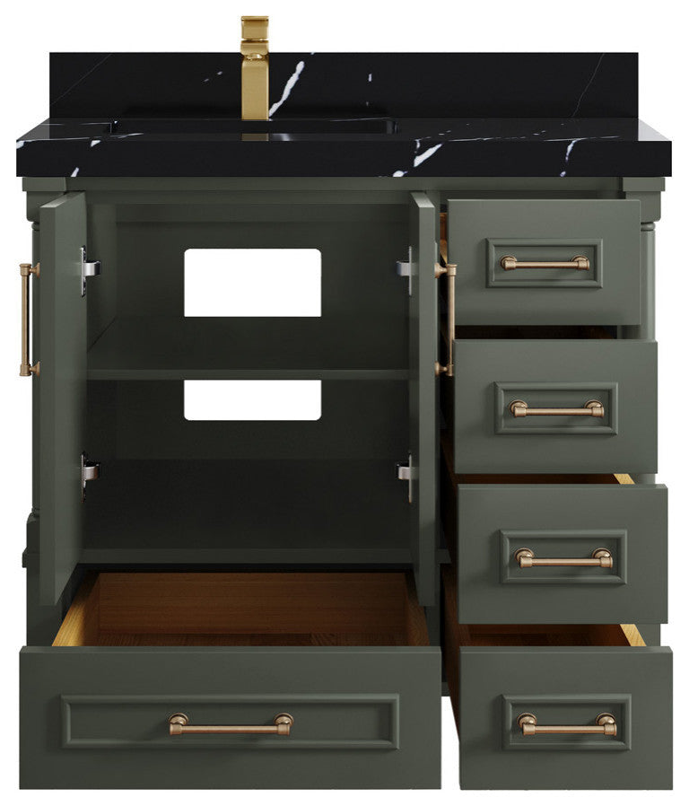 Aberdeen 36 Left Offset Bath Vanity in Pewter Green 2" Calacatta Black