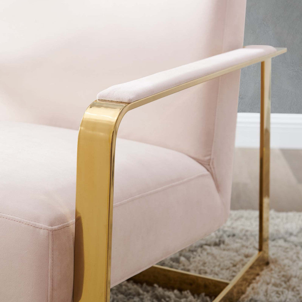Accent Chair, Velvet, Metal, Gold Pink, Modern, Living Lounge Hotel Hospitality