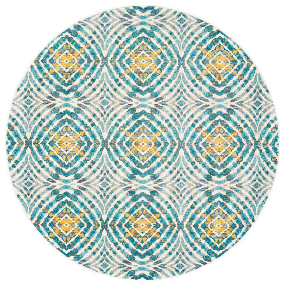 Weave & Wander Arsene Abstract Ikat Print Rug, Blue/Yellow, 8'9" Round