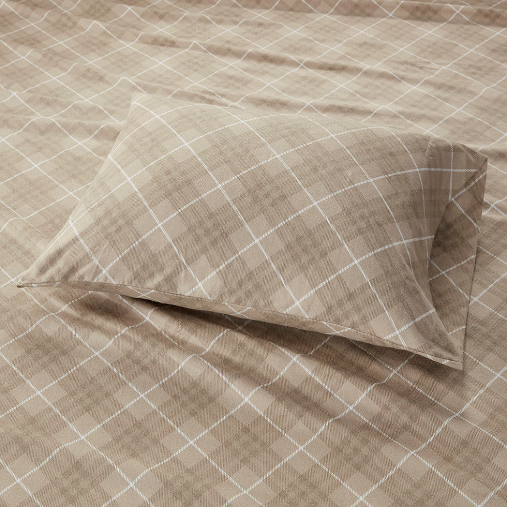 True North by Sleep Philosophy Cotton Flannel Winter Sheet Set, Plaid, Tan