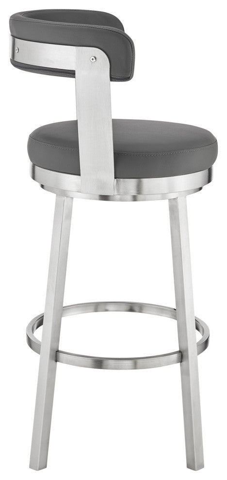26" Chic Gray Faux Leather With Stainless Steel Finish Swivel Bar Stool