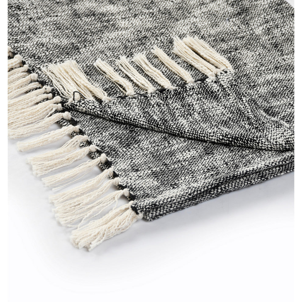 Boho Chambray Throw Blanket with Fringe, Jet Black