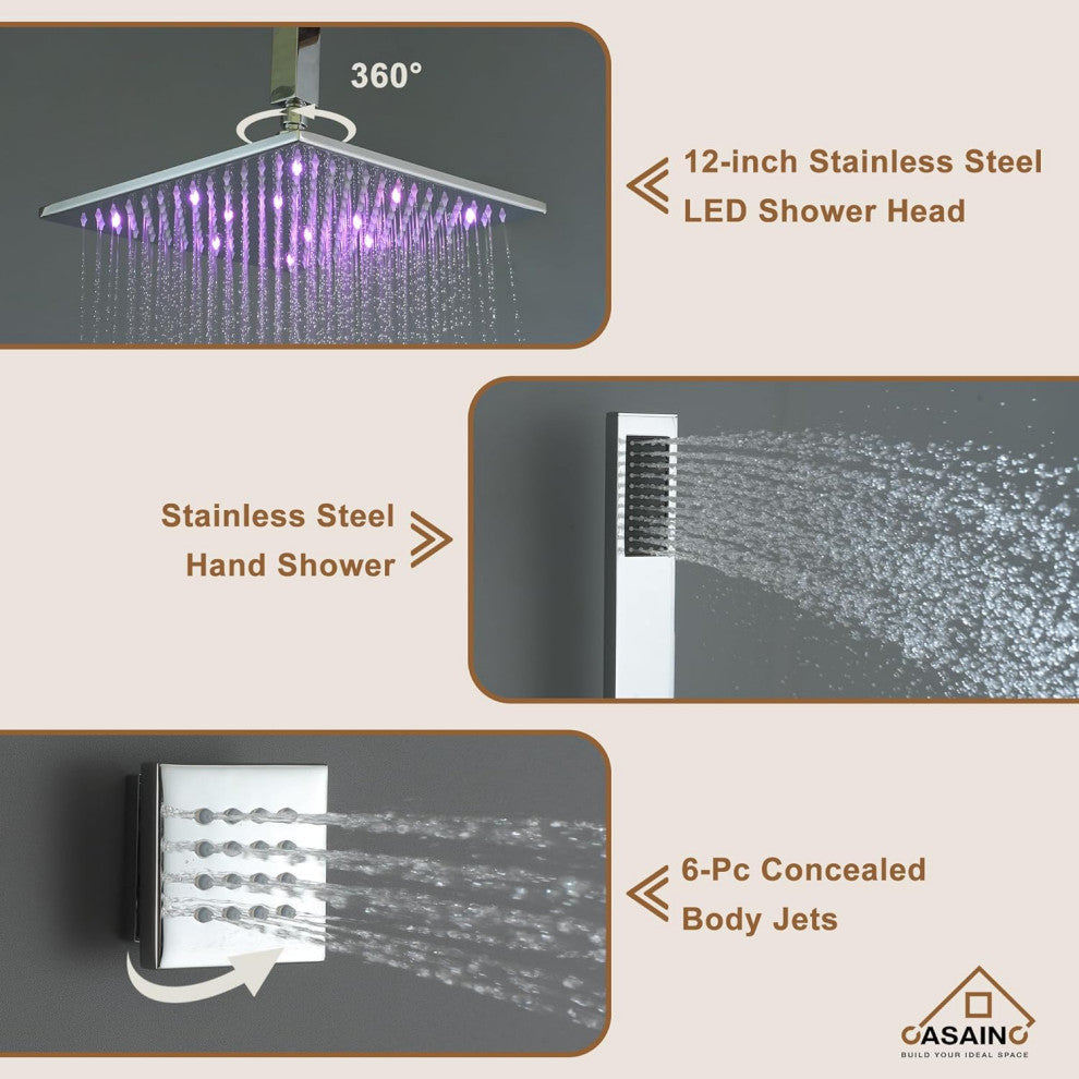 CASAINC 12" Ceiling Mounted Luxury LED Shower Head Handheld Spray, Chrome
