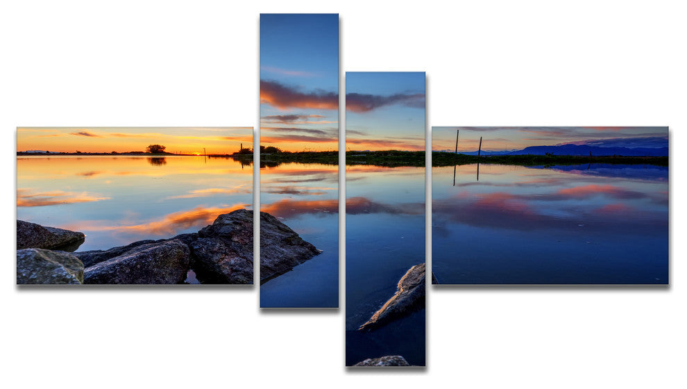 Beautiful Calm Water and Sunset, Large Landscape Canvas Art, 60"x32", 4 panels