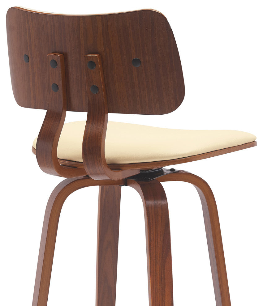 Pico Swivel Walnut Wood Stool, Cream Faux Leather With Chrome, 26"