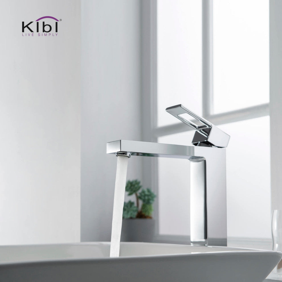 Cubic Single Handle Vessel Sink Faucet KBF1003, Chrome, W/ Drain
