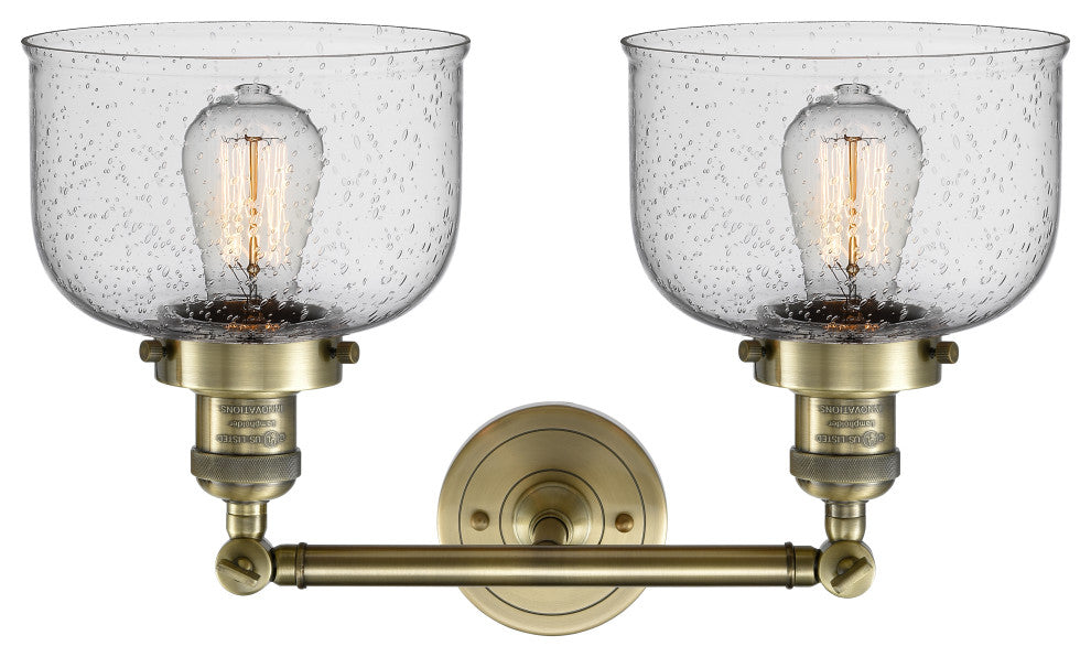 2-Light Large Bell 19" Bath Fixture, Antique Brass, Glass: Seedy
