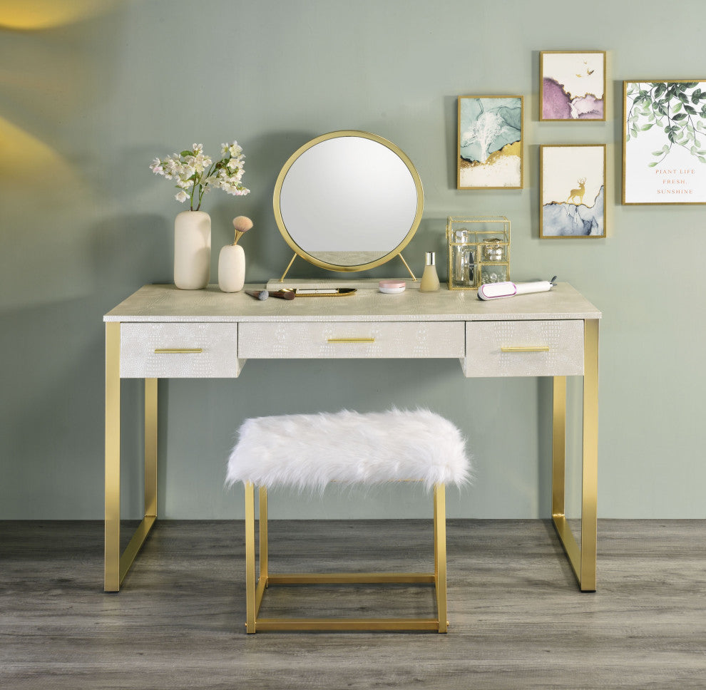 ACME Myles Vanity Set With USB Port, Antique White, Champagne