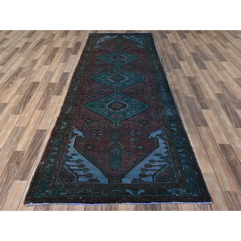 Light Red Overdyed Vintage Persian Hamadan Hand Knotted Pure Wool Rug, 3'5"x9'7"