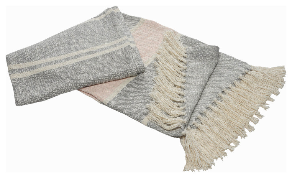 Touch of Blush Striped Throw Blanket With Fringe
