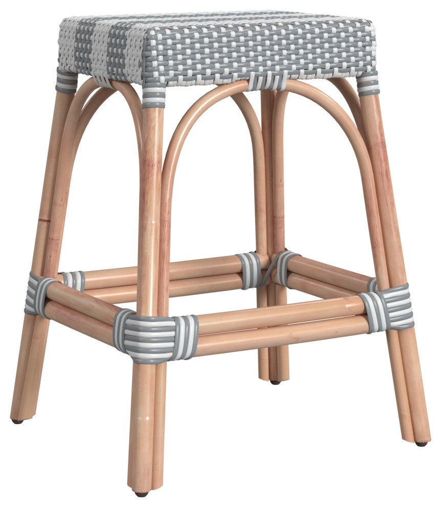 Robias Rectangular Rattan 24.5" Counter Stool, Grey Stripe