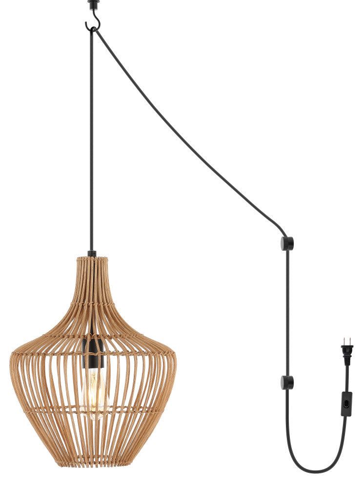 Nova 20.25" 1-Light Rattan 180" Plug-In or Hardwired LED Pendant, Brown, Lucas