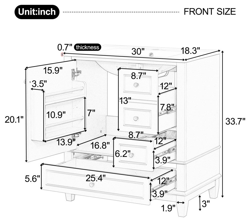 GDF Studio 30" Vanity With Ceramic Sink, Soft Close Door & Drawers, White