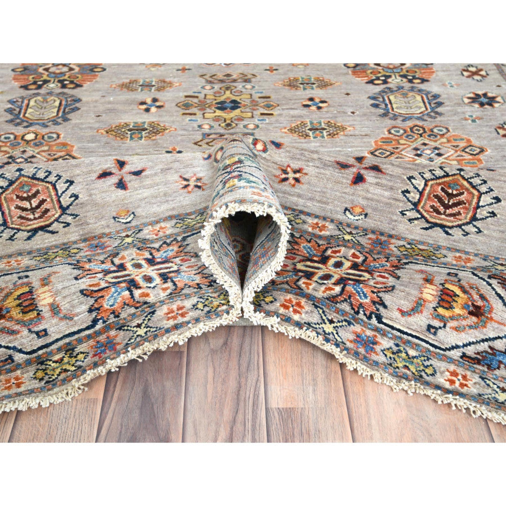 Light Gray Hand Knotted Afghan Super Kazak Organic Wool Oriental Rug, 6'1"x9'1"