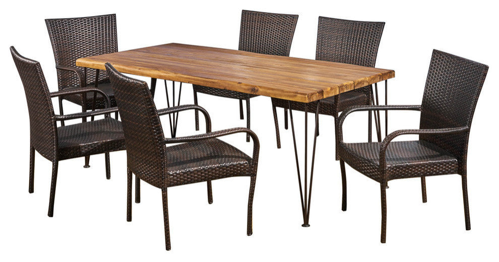 Tyrone Outdoor 6-Seater 72" Acacia Wood Dining Set With Stacking Wicker Chairs