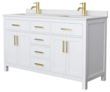 60"DBL Bath Vanity, White, White Cult. Marble Countertop, Sinks, Gold Trim