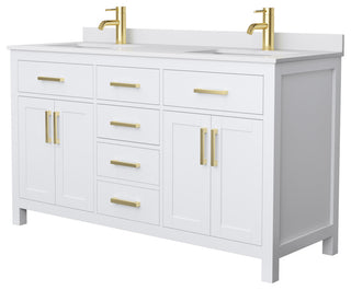 60"DBL Bath Vanity, White, White Cult. Marble Countertop, Sinks, Gold Trim