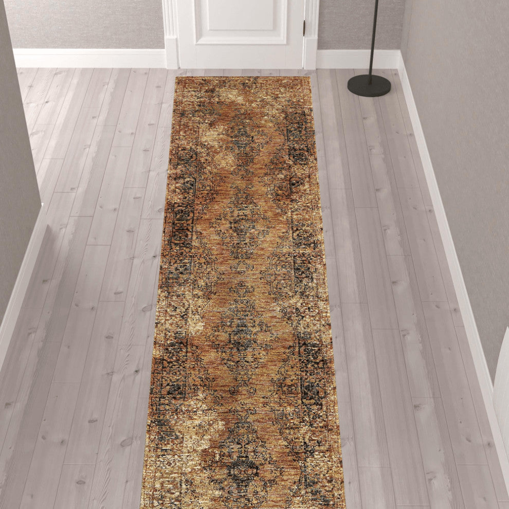 12' Runner Gold and Brown Oriental Power Loom Runner Rug