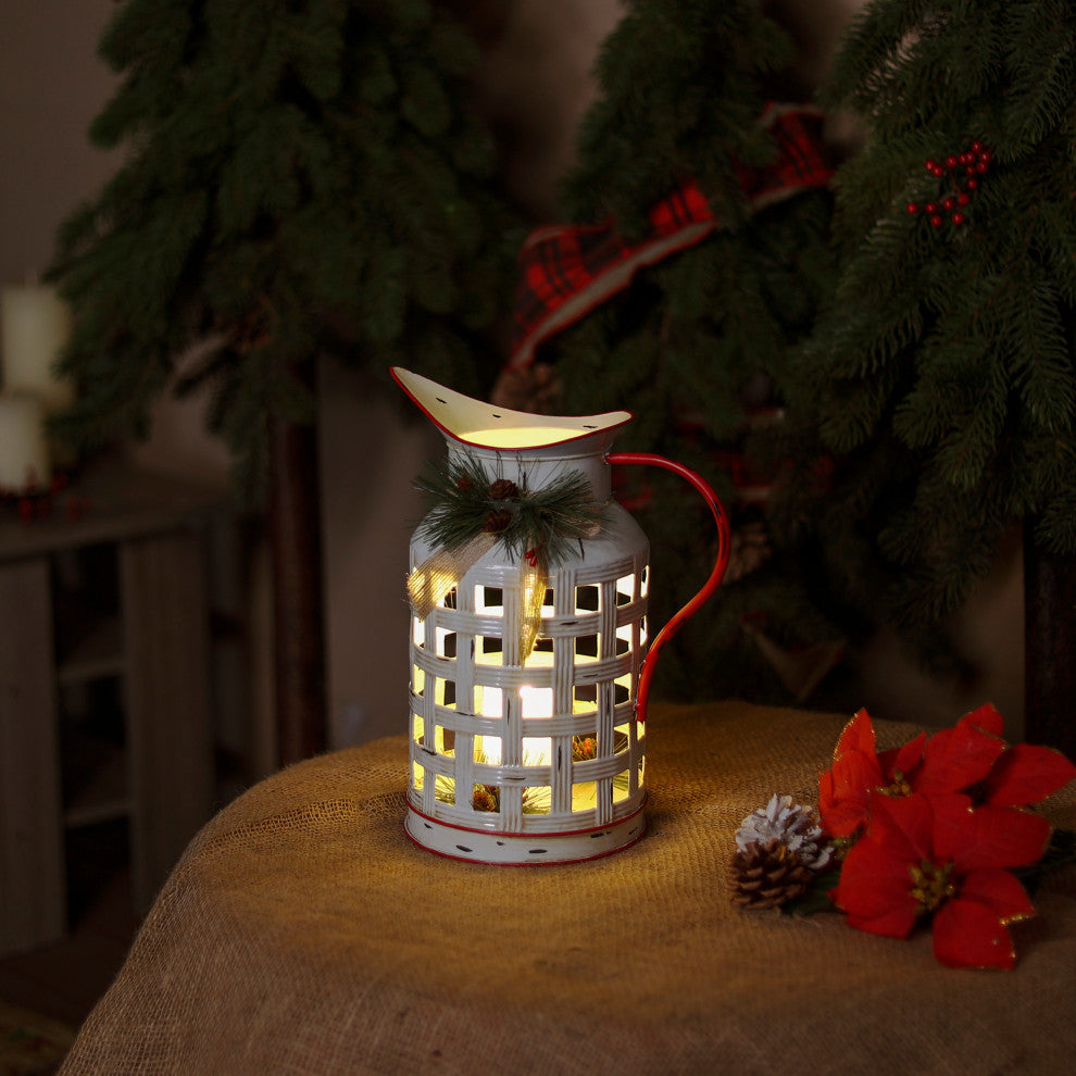 White Metal Pitcher with Candle DÃ©cor and LED Light