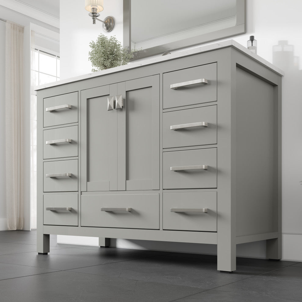 Eviva Aberdeen 42" Transitional Bathroom Vanity With White Carrara Quartz Top, Gray