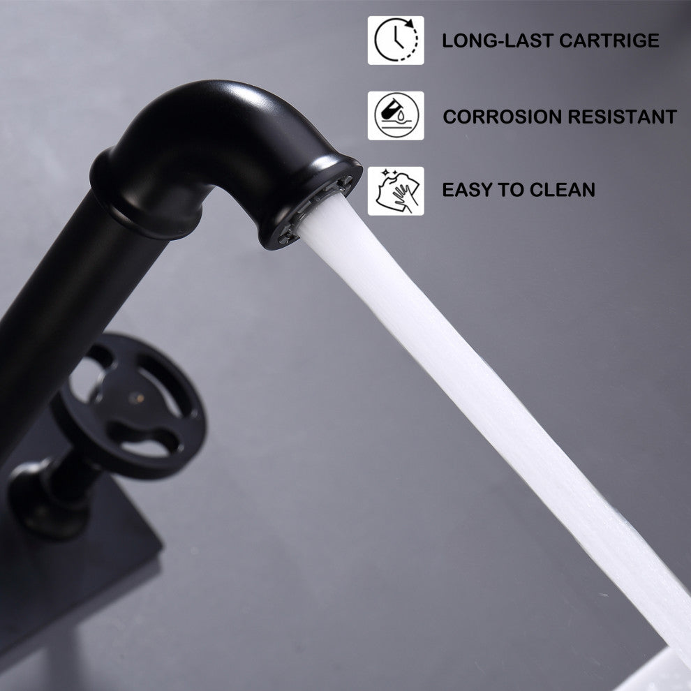 Industrial Chic Wall Mounted Bathroom Sink Faucet, Matte Black