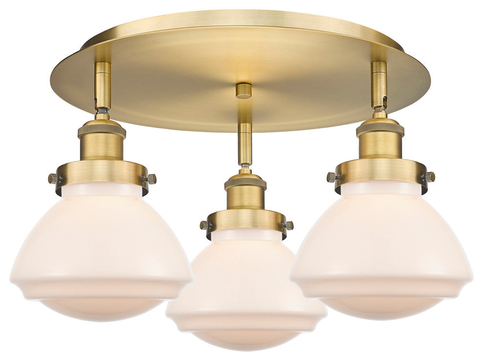 Olean-3 Light 18" Flush Mount-Brushed Brass, Matte White Glass Shade