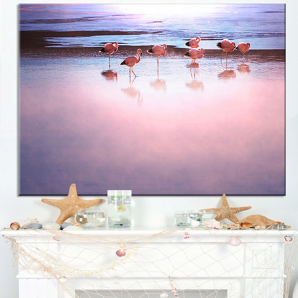 "Flamingo Birds on Bolivia Beach" Modern Beach Canvas Art Print, 40"x20"
