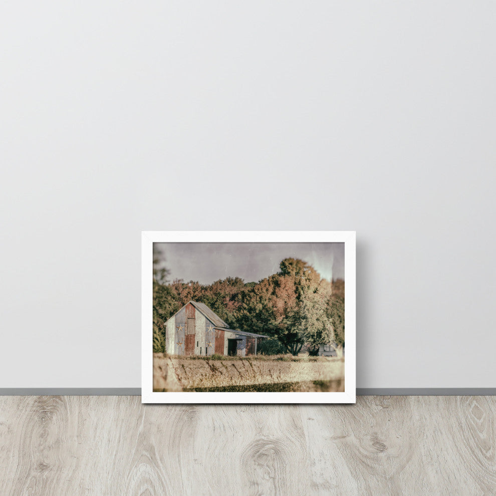 Patriotic Weathered Barn in Field Glass Plate Framed Photo Paper Wall Art Prints, White, 11" X 14"
