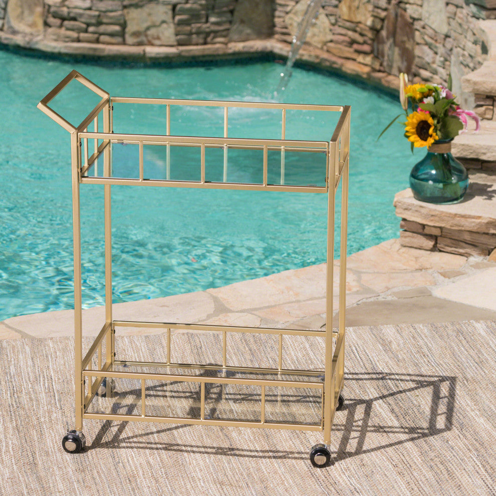 GDF Studio Louise Indoor Modern Bar Cart with Tempered Glass, Gold