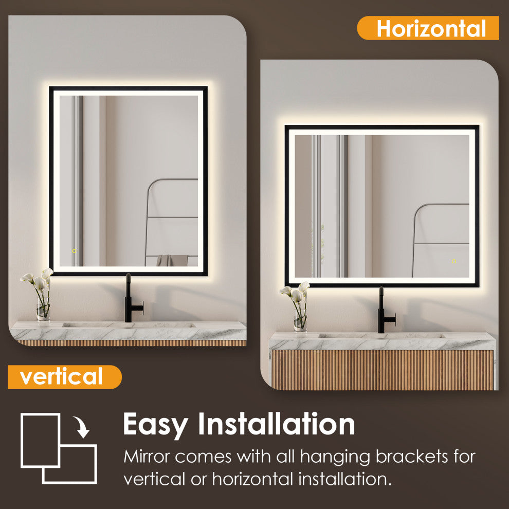 Apollo Anti-Fog Dimmable Vanity, LED Lighted Wall Mirror, Matte Black, 36"