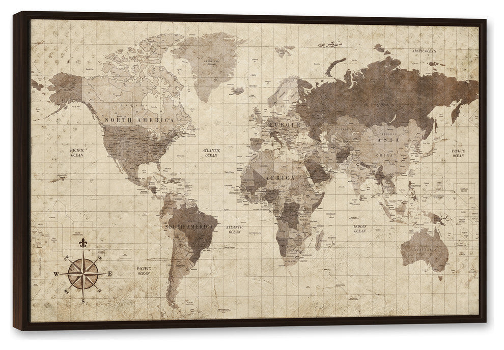 Distressed World Map Walnut Floating Framed Canvas, 20"x30"