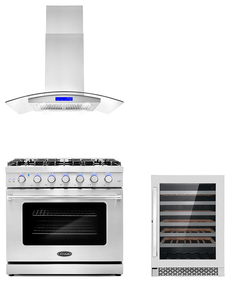 3-Piece, 36" Gas Range, 36" Range Hood and 48 Bottle Wine Refrigerator