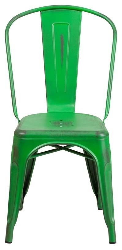 Distressed Green Metal Indoor-Outdoor Stackable Chair