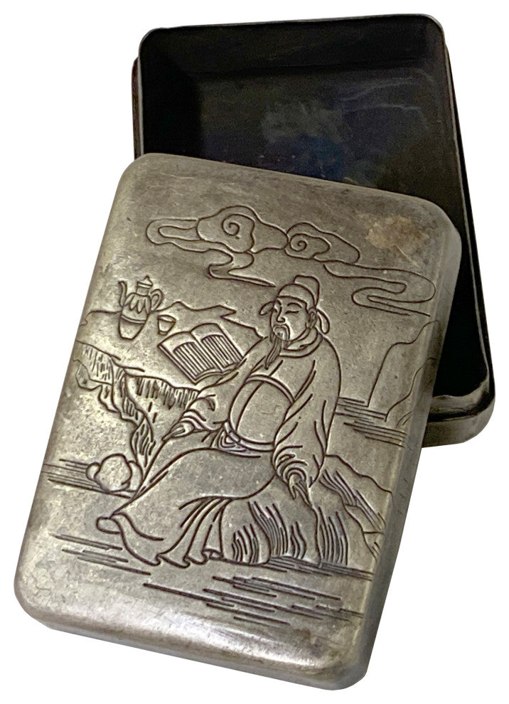 Chinese Handmade Metal Pewter Color Engraved Motif Trinket Box Hws1344
