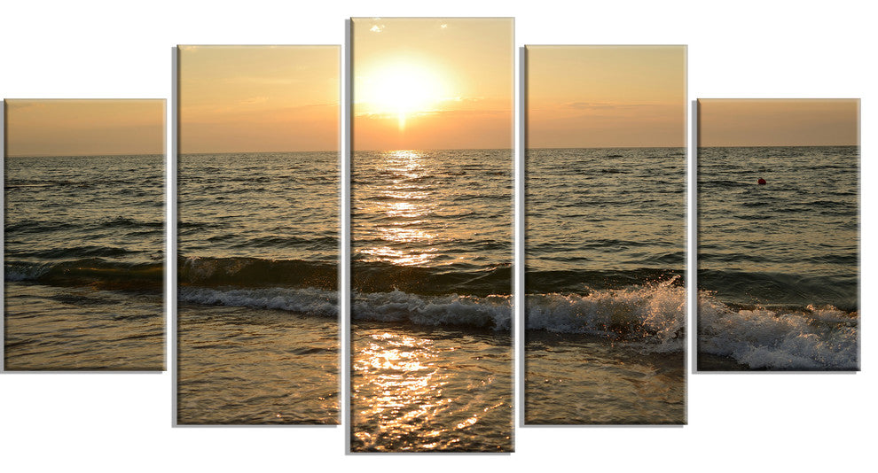 "Black Seascape in Morning Sunlight" Beach Canvas Wall Art, 5 Panels, 60"x32"