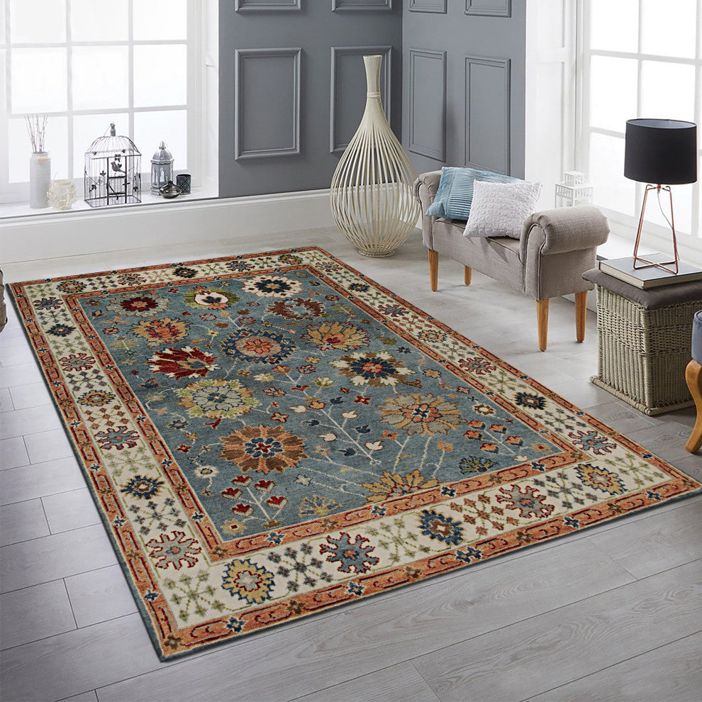 Hand-Knotted Wool Blue/Ivory Traditional All Over Traditional Knot Rug, 10'x14'