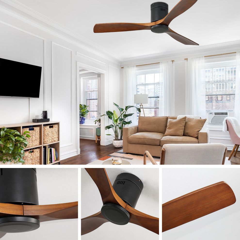 52" Solid Wood Ceiling Fan and Remote Control Reversible Blades, Matte Blck