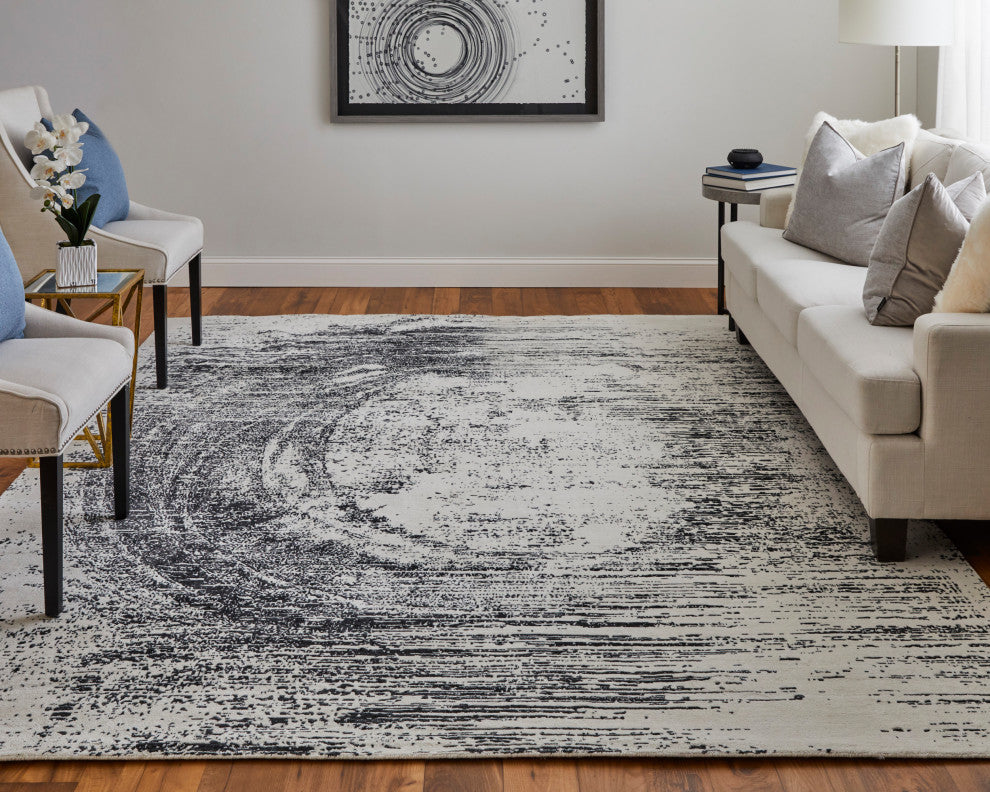 Eshwar R8928 Modern/Industrial/Global Rug, Black/White, 10'x14'