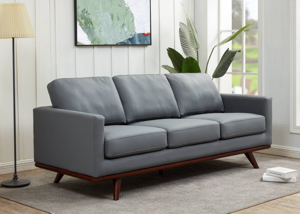 LeisureMod Chester Mid-Century 3-Seater Leather Modern Sofa, Gray