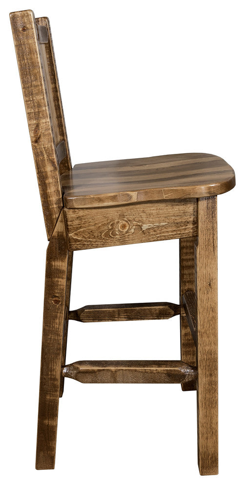 Homestead Barstool With Back, With Laser Engraved Wolf, Clear Lacquer Finish, St