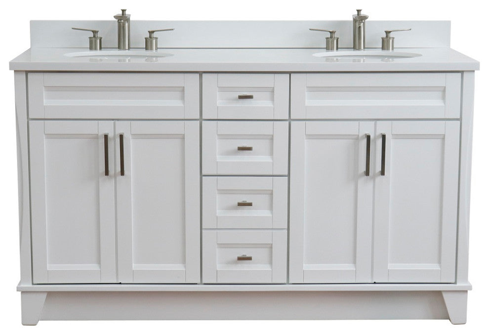 61" Double Sink Vanity, White Finish And Engineered Stone Top And Oval Sink