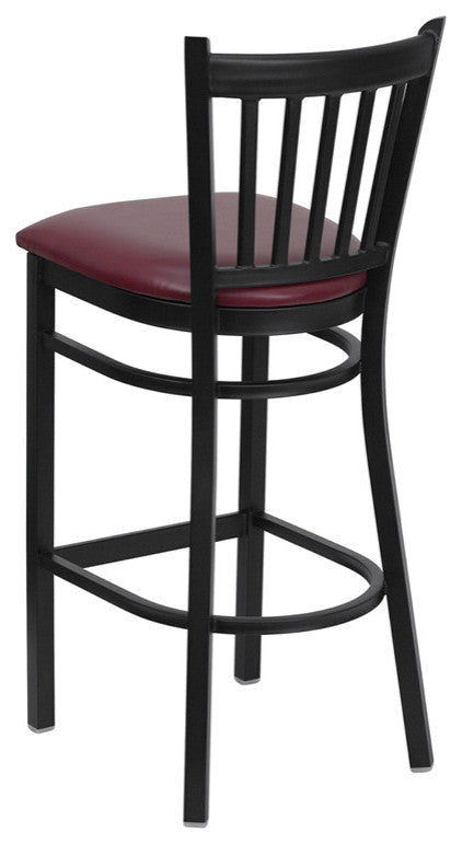 Black Vertical Back Metal Restaurant Barstool, Burgundy Vinyl Seat