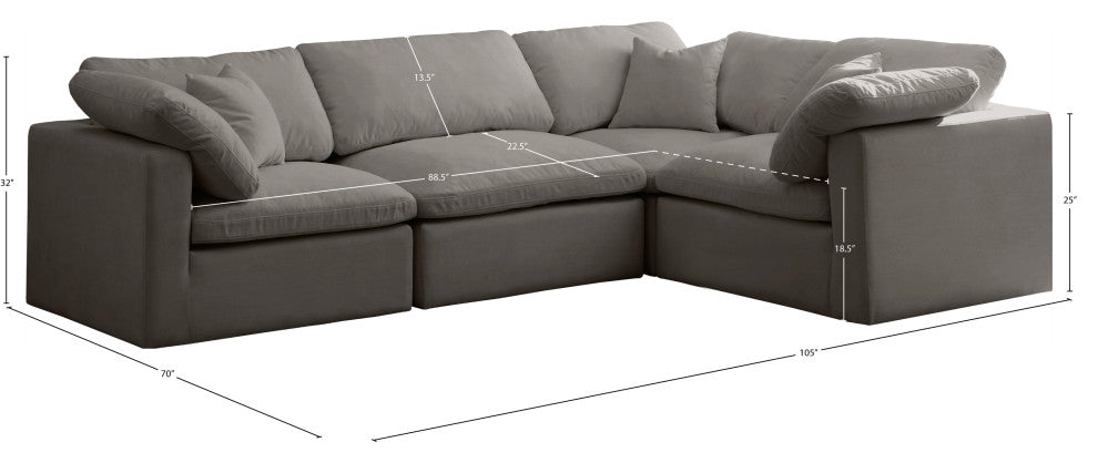 Plush Velvet / Down Standard Comfort L-Shaped Modular Sectional, Grey, 4-Piece: 1 Armless Chair, 3 Corner Chair