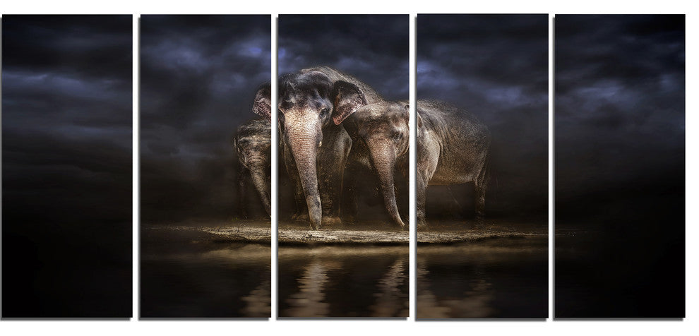 Elephants Watering in the River, Animal Canvas Wall Art, 60"x28", 5 Panels