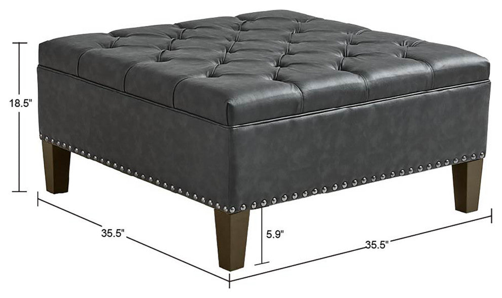 Madison Park Leathered Tufted Square Ottoman, Charcoal Grey