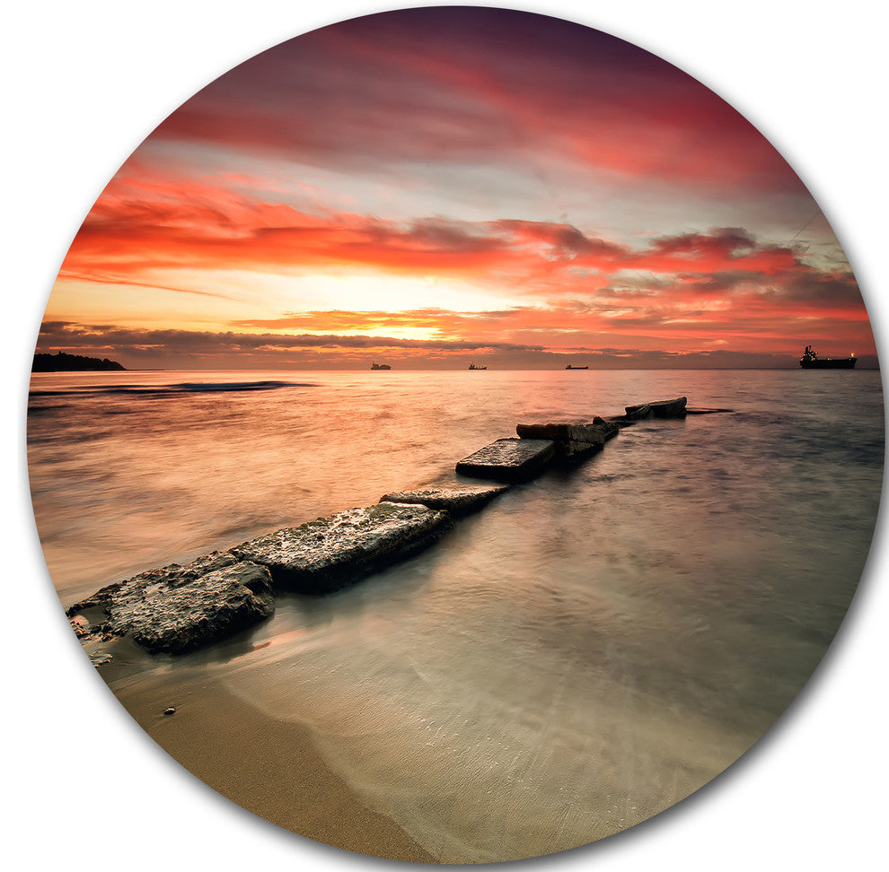 Wonderful Sunrise On Black Ocean, Beach Disc Metal Artwork, 11"