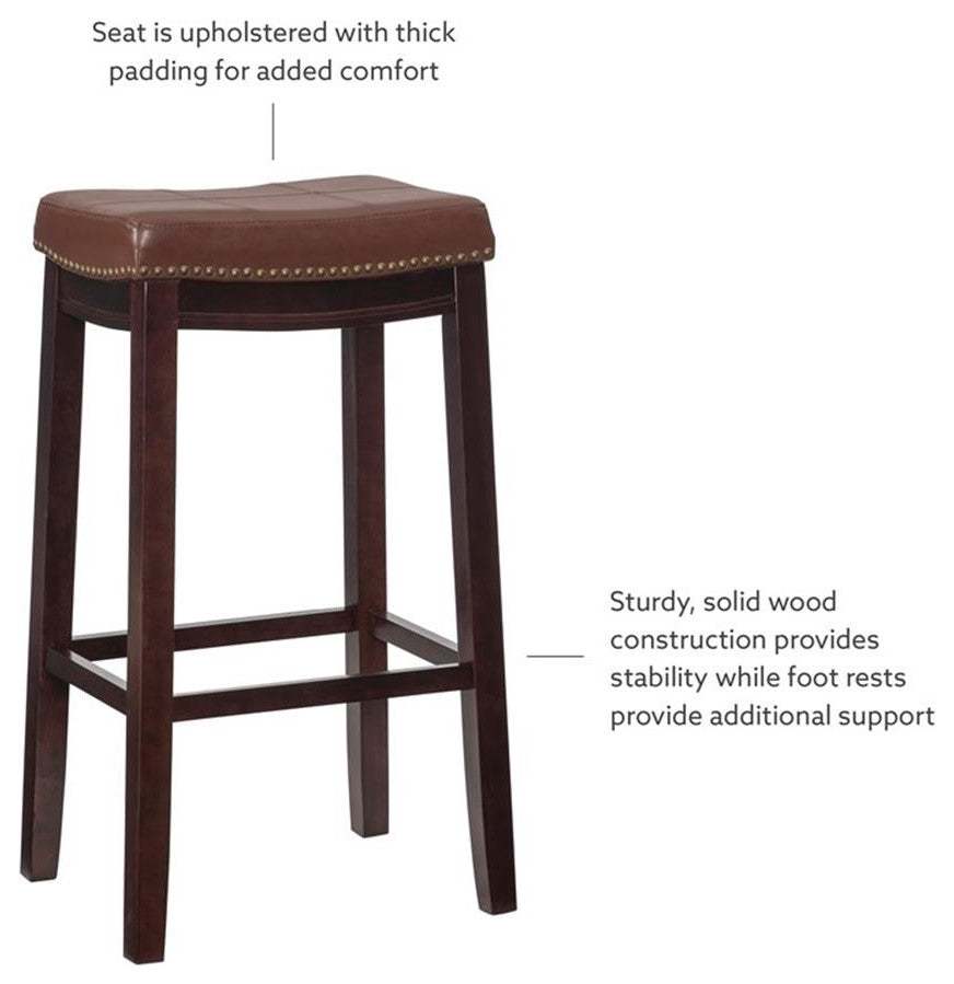 Linon Claridge Backless Bar Stool Cognac Faux Leather Wood Frame in Espresso