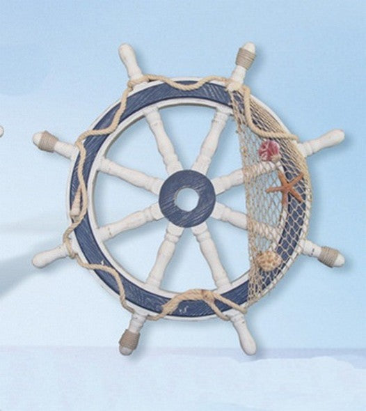 24" Distressed White and Blue Wood Ship Wheel