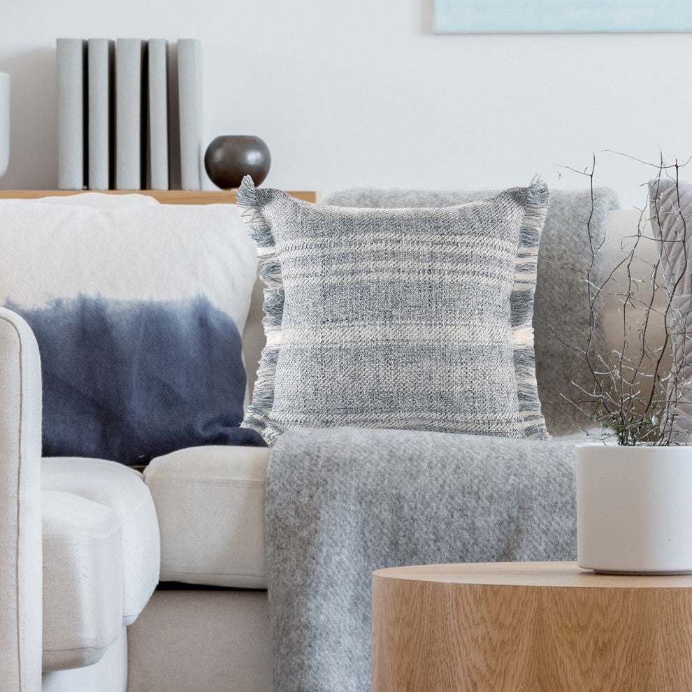 Denver Hand-Woven Denim Blue/Ivory Striped Throw Pillow
